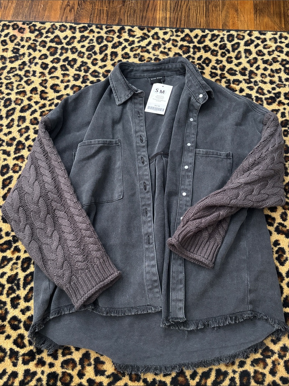 Charcoal Utility Jacket with Cable-Knit Sleeves